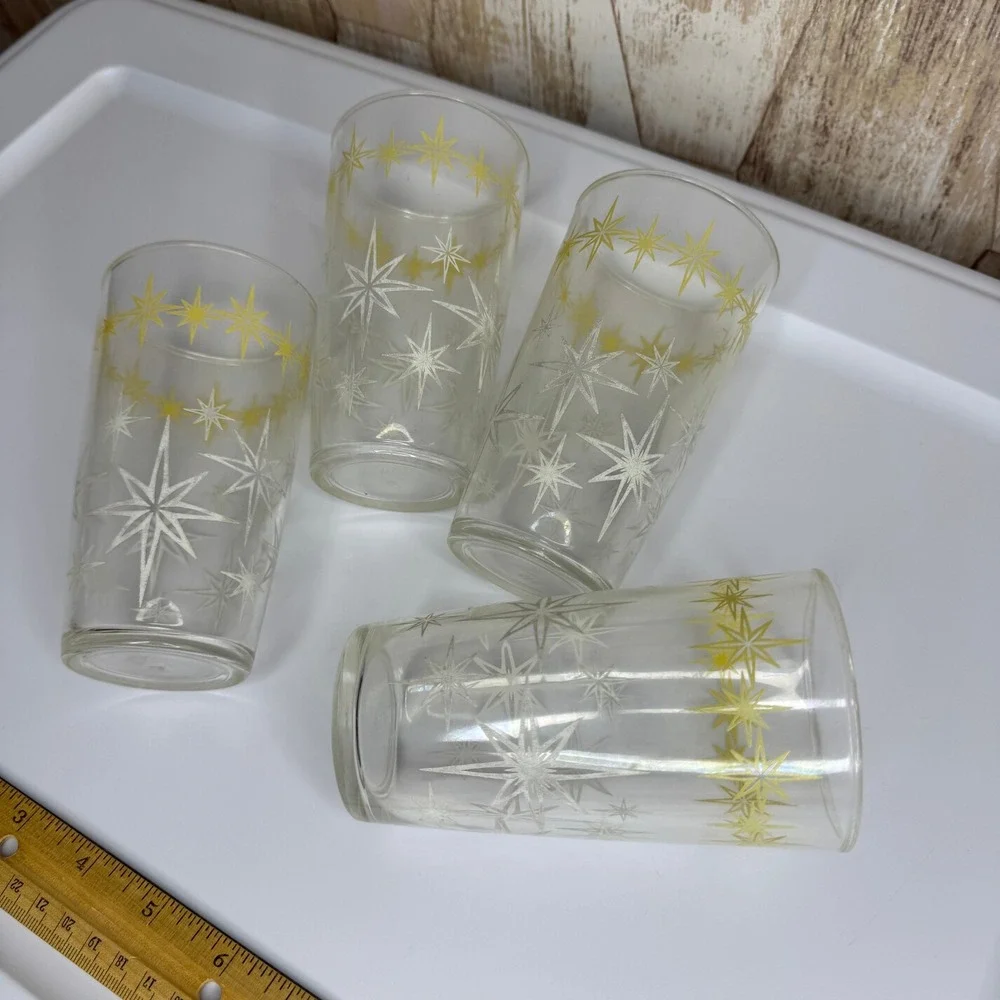 Vintage Hazel Atlas Starburst Glass Tumblers Set of 4 Yellow White Mid Century